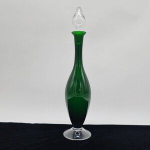 Mid Century Green Glass Decanter Hourglass Shape Clear Stopper & Base VTG